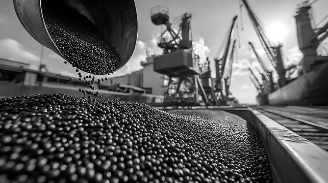 Industrial Grain Loading Process with Cranes at Port Terminal in Black and White Photography
