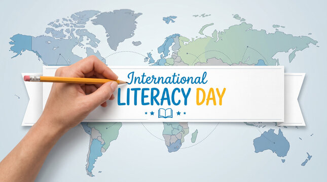 Hand with pencil writing over world map for International Literacy Day.