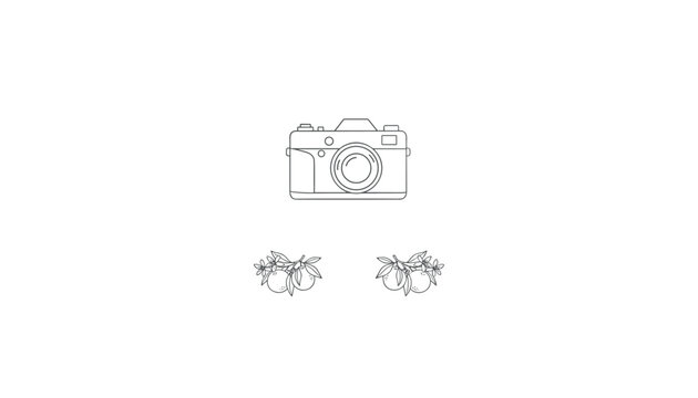 Minimal line art illustration of a vintage camera with two decorative orange branch doodles underneath.