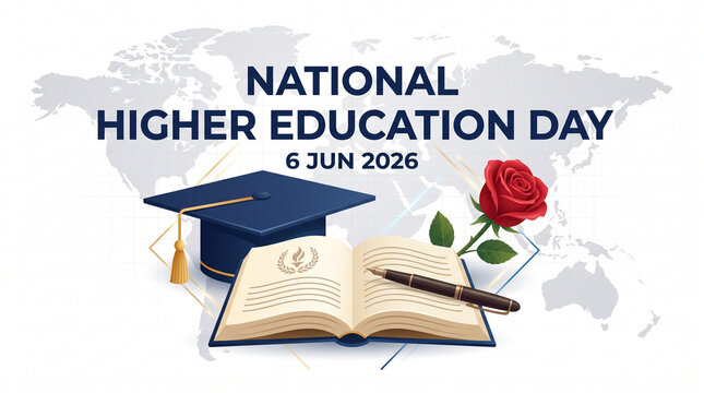 Higher Education Day banner with graduation cap and rose.