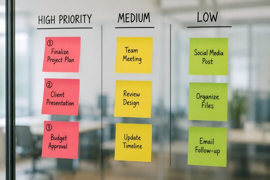Task Priority Management Board with Sticky Notes, High Medium Low Priority Workflow and Business Planning Concept