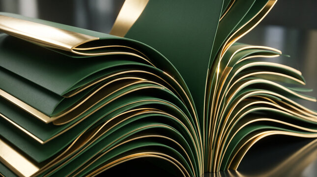 Open book pages with dark green paper and luxury gold edges.