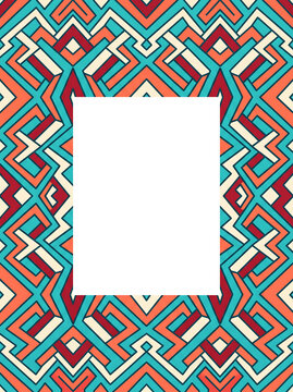 Teal coral maroon and cream interlocking key pattern border frame on white background