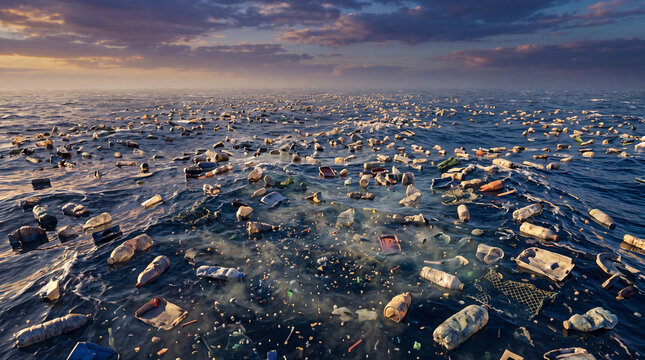 Panoramic 3D illustration of massive ocean garbage patch with crushed plastic bottles, microplastics, marine pollution, plastic waste, ocean crisis, sustainability, environmental protection