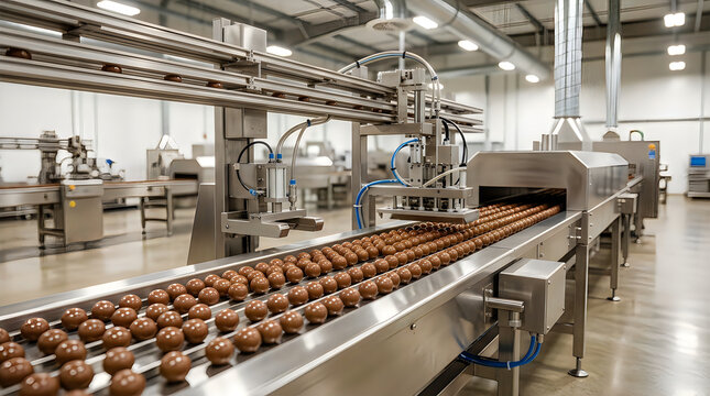 Industrial robotic chocolate sorting line in food processing facility.