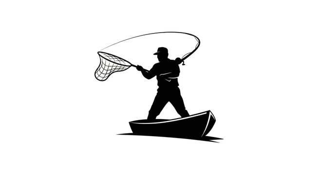 Fisherman Silhouette on Boat with Fishing Rod and Net Vector