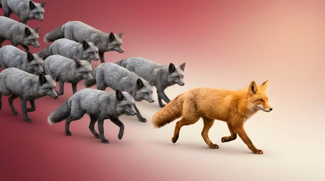 Red fox, leadership and following with silver foxes for business strategy, team management and career success. Unique person, outstanding and motivation in group with vision, goal and direction style