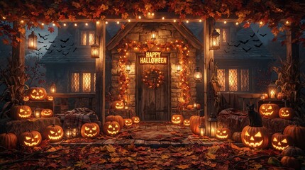 Fototapeta premium A seasonal autumn Halloween banner with pumpkins, fallen leaves, bats, glowing lanterns, and warm orange lighting, cozy but spooky, 8k.
