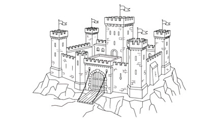 Medieval castle line art vector, ancient stone fortress with towers and drawbridge on a rocky hill, black and white kingdom stronghold illustration © fanii996