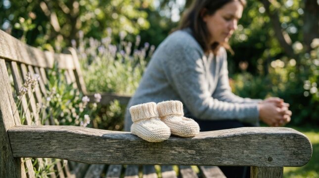 Reproductive journey sadness: infertility burden, parental longing, childless grief, future dream, woman reflect, baby bootie, wooden bench.