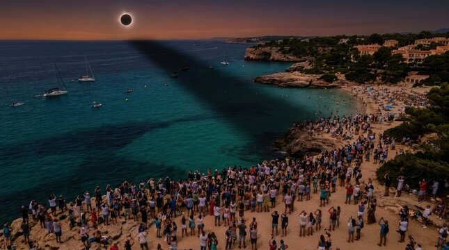 Crowds watching total solar eclipse over coastal beach.