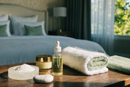 Beauty wellness center. Spa product are placed in luxury spa resort room. 