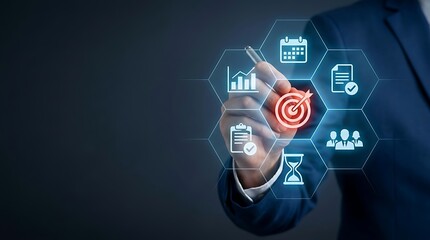 Fototapeta premium Businessman interacting with futuristic digital business strategy interface and management icons
