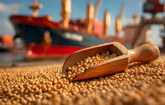 Wooden Scoop With Raw Soybeans With A Large Cargo Ship Blurred In The Background Under Sunlight