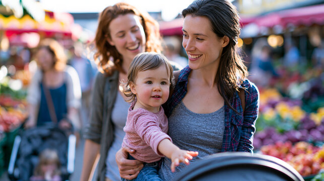 Two sisters in their 30s walk together through a sunny farmers market with their children, one sister with dark hair carries a toddler on her hip who reaches toward the colourful m