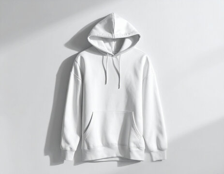 Blank white hoodie mockup hanging on a minimal wall background