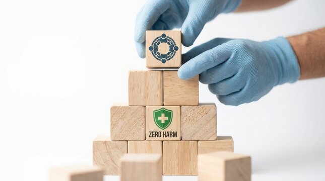 Hand placing zero harm safety block on wooden blocks