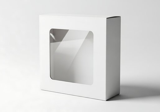 Blank white square cardboard box with a clear plastic window for retail product packaging display