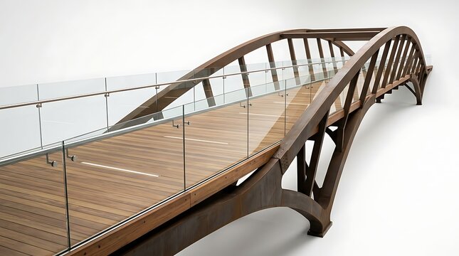 Modern wooden arched bridge with glass railings and architectural steel structure on a white background
