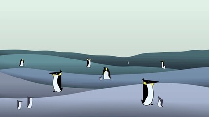 Modern Stylized Penguins in Cold Polar Landscape Minimalist Flat Illustration