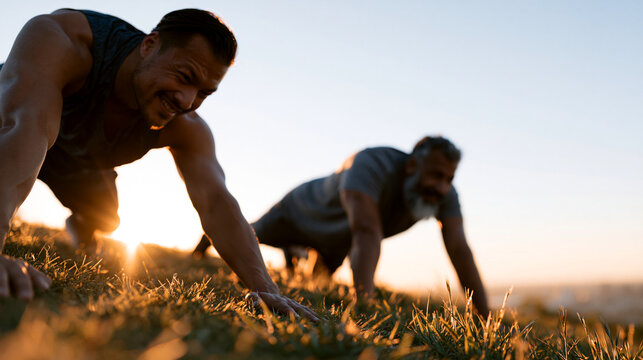 Candid documentary style photo of two male training partners stretching together on a sunlit grassy ridge. One adult man in a dark sleeveless top is bending forward, while his frie