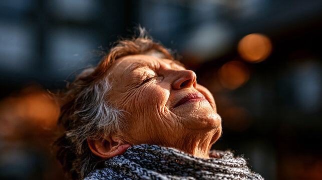 Senior woman relaxing with eyes closed basking in warm sunlight relaxation sunlight