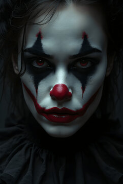 Dark gothic clown portrait of a woman with white face makeup red nose dramatic dark eye paint black collar and haunting intense expression Halloween concept