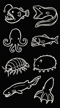 Eight white line art illustrations of various deep sea creatures and marine animals on a black background