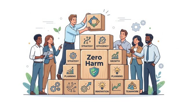 Team stacking hands on work safety boxes to show zero harm goal
