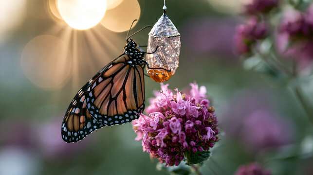 Authentic commercial visual of a young monarch butterfly just emerged from its chrysalis, resting on a pink wildflower. A top-down view showing the intricate orange and black patte