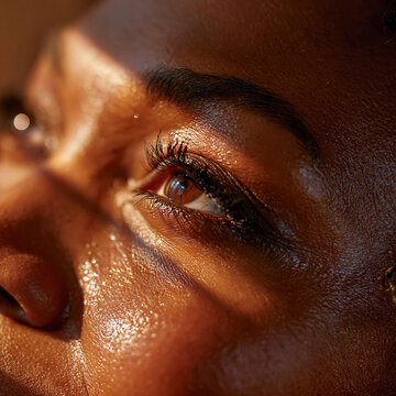 Macro shot of a person eye with natural light reflecting on skin reflection expression