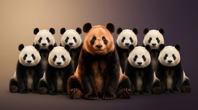 Giant panda, individuality and unique bear with leadership for standing out, diversity and being different. Brown panda, group and mammals with wildlife, rare species and character for branding.