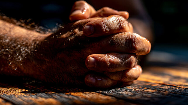 Close up of person with clasped hands in prayer resting on weathered wooden table