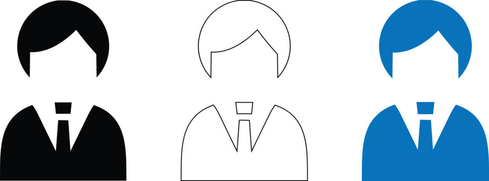 Minimalist businessman avatar icons, professional male user profile set in black and blue, corporate employee vector symbols for web interface