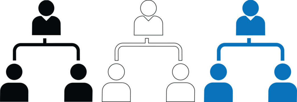 Organizational chart icons set, corporate hierarchy structure diagrams, business team management flowcharts in black, outline, and blue vector styles