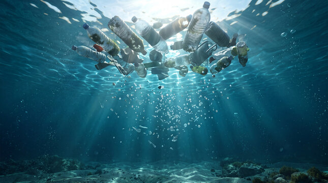 Massive plastic garbage patch in open ocean with thousands of crushed bottles and microplastic clouds, panoramic environmental 3D illustration of marine pollution
