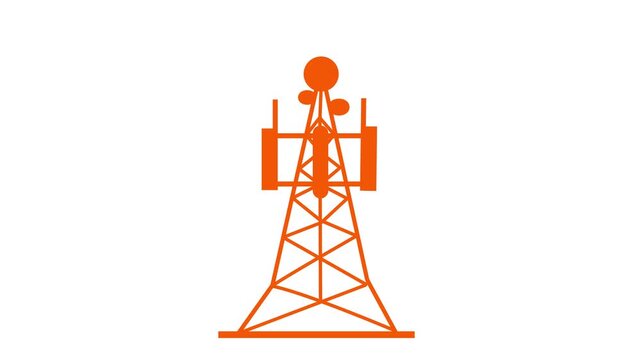 Digital signal tower icon animation on black and white background. Animated towers connect the network and signal waves  4k video.