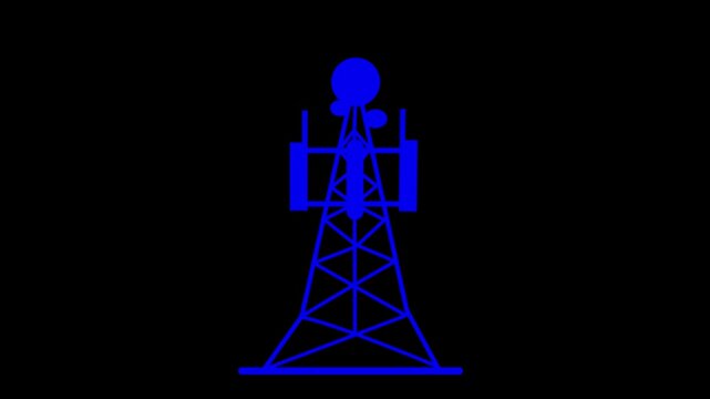 Digital signal tower icon animation on black and white background. Animated towers connect the network and signal waves  4k video.