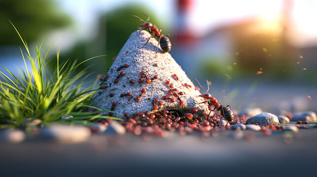 Ants swarming on a small conical mound in a garden setting with wildlife, swarming