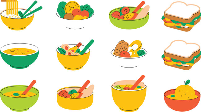 Flat Vector Lunchbox Meal Sprite Sheet Featuring Ramen Noodle Bowls Sliced Deli Sandwiches Curry and Fresh Salads