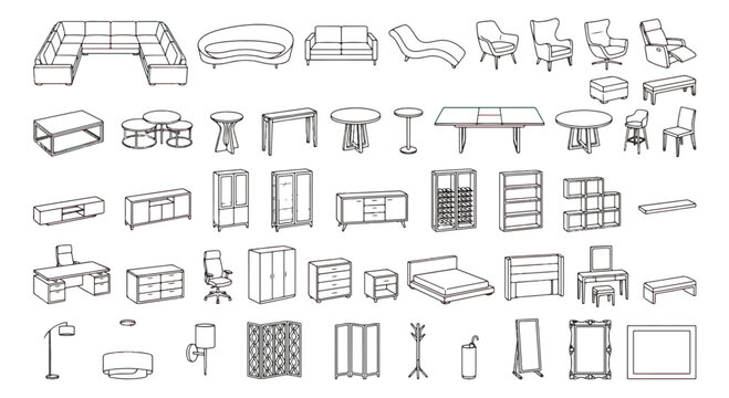 Minimalist furniture line icons set, modern home interior decor vector elements, hand drawn outline furniture collection for floor plans