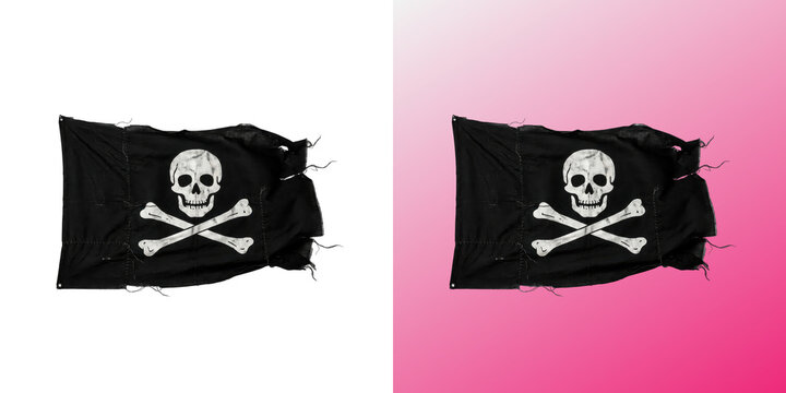 Black pirate flag in transparent background with skull and crossbones