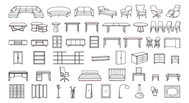 Modern furniture line icons set, minimalist home interior decor vector collection, 50 outline furniture symbols for floor plans and architectural design