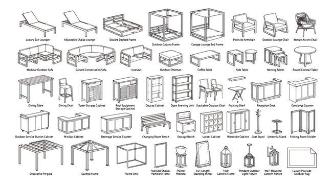 Modern outdoor furniture collection, 40 line art icons of patio decor and garden accessories, minimalist architectural vector set for landscape design