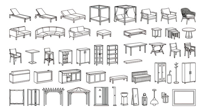 Minimalist outdoor furniture vector icons set, modern patio and garden furniture line drawings, 45 architectural furniture symbols for floor plans