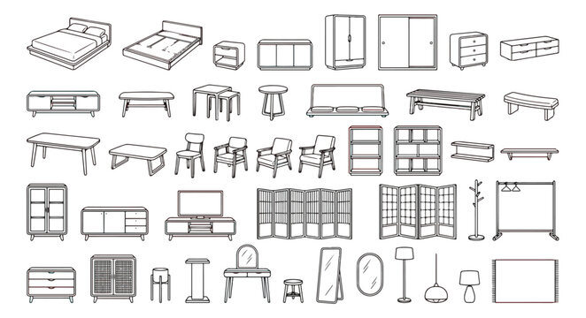 Minimalist furniture line icons set, modern home interior decor vector elements, 45 outline furniture icons for floor plan and house design
