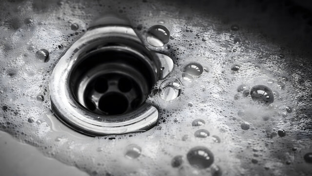 A close up view of a soapy sink drain with bubbles in a monochrome style