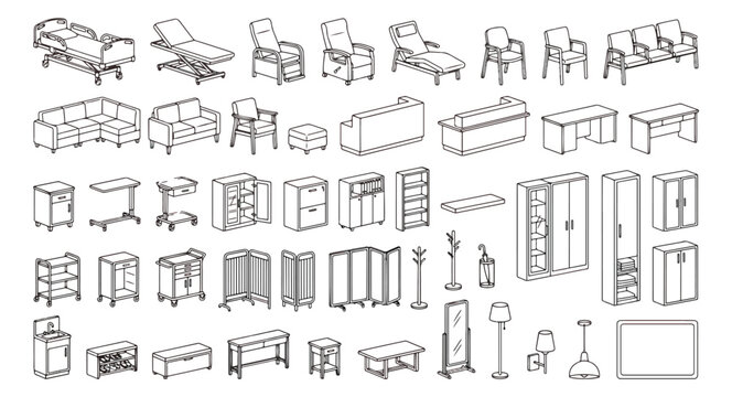 Minimalist medical furniture line icons set, hospital equipment and clinic interior vector elements, healthcare facility furnishing collection