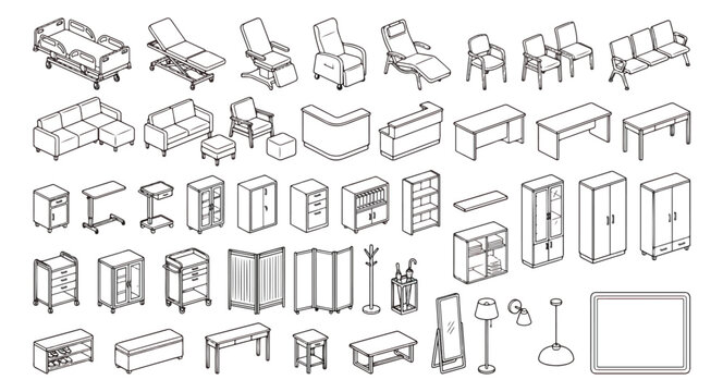 Isometric hospital furniture vector set, medical clinic equipment line icons, healthcare interior design elements for floor plans and architectural layouts