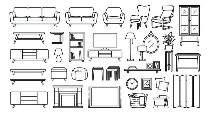 Modern furniture line icons set, minimalist living room interior elements vector, home decor and apartment furnishing collection for floor plans